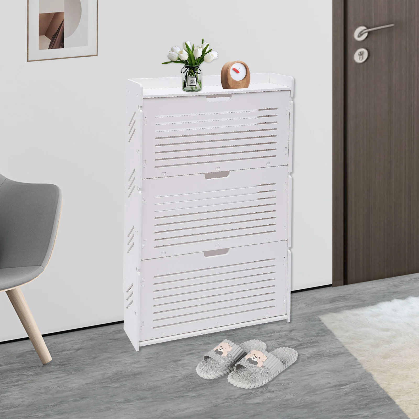 Modern Shoe Storage Cabinet, White Tipping Shoe Cabinet, Shoe Rack for Entryway, Ultra-Thin Shoe Cabinet, 3-Layer Shoe O