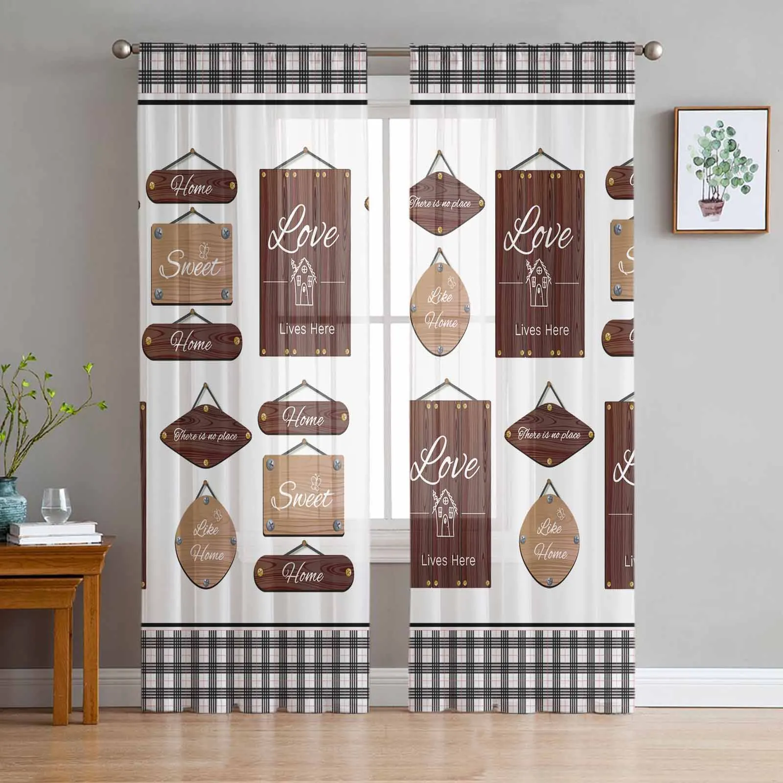 Plaque Board Text Tulle Sheer Window Curtains for Living Room Kitchen Children Bedroom Voile Hanging Curtain