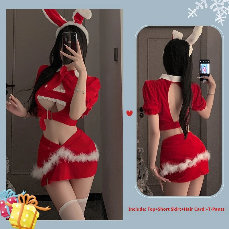 2025 Sexy Christmas Cosplay Lingerie Women Underwear Red Lace Feather Dress Babydoll Nightgown Sleepwear Sexy Role Play Outfit