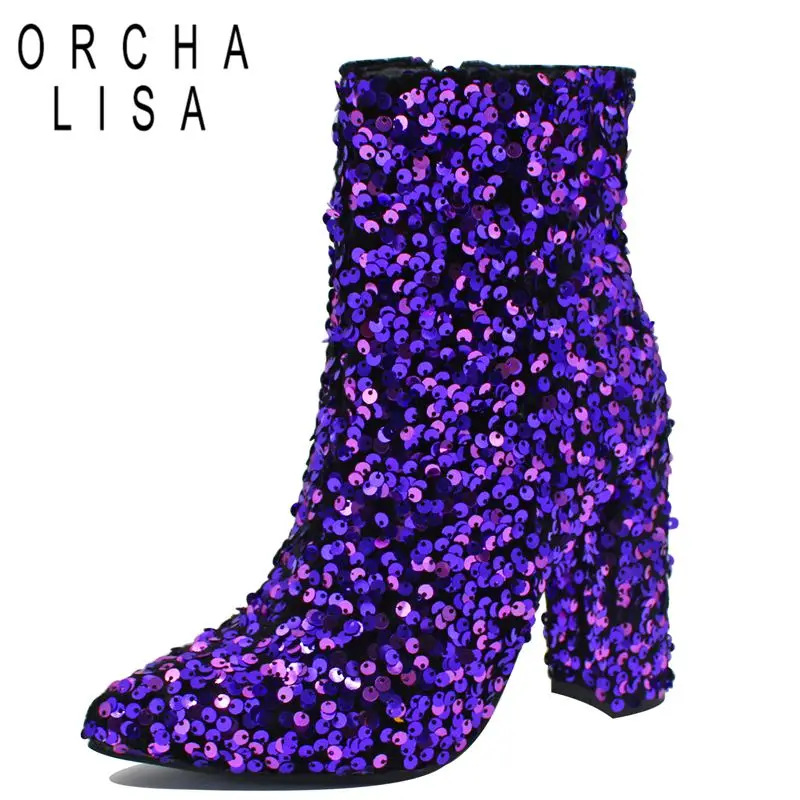 

ORCHA LISA New Women's Sequined Ankle Boots Pointed Toe Chunky Heels 5cm Zipper Wedding Party Shoes Bota Big Size 42 4ties