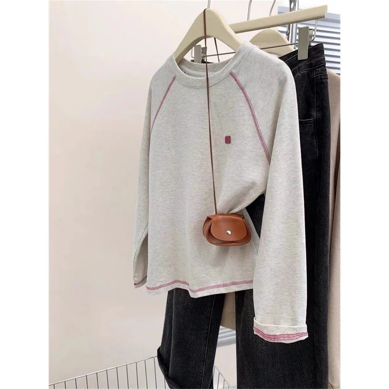 

Slimming Grey Zigzag round Neck Basic Cotton T-shirt Women's Loose Casual Style Fashionable Autumn Top Pure Cotton Tee