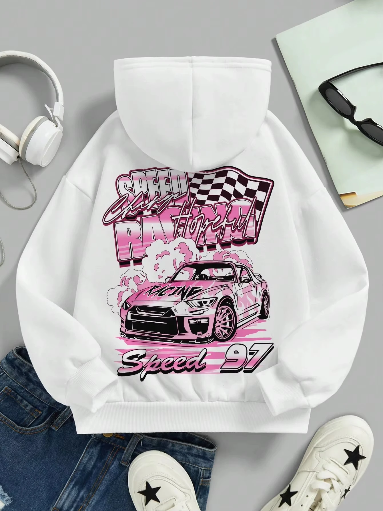 

Autumn and Winter Girls and Boys Casual Personality Racing Printed White Long-sleeved Hooded Sweatshirt New Fashion Men's Top