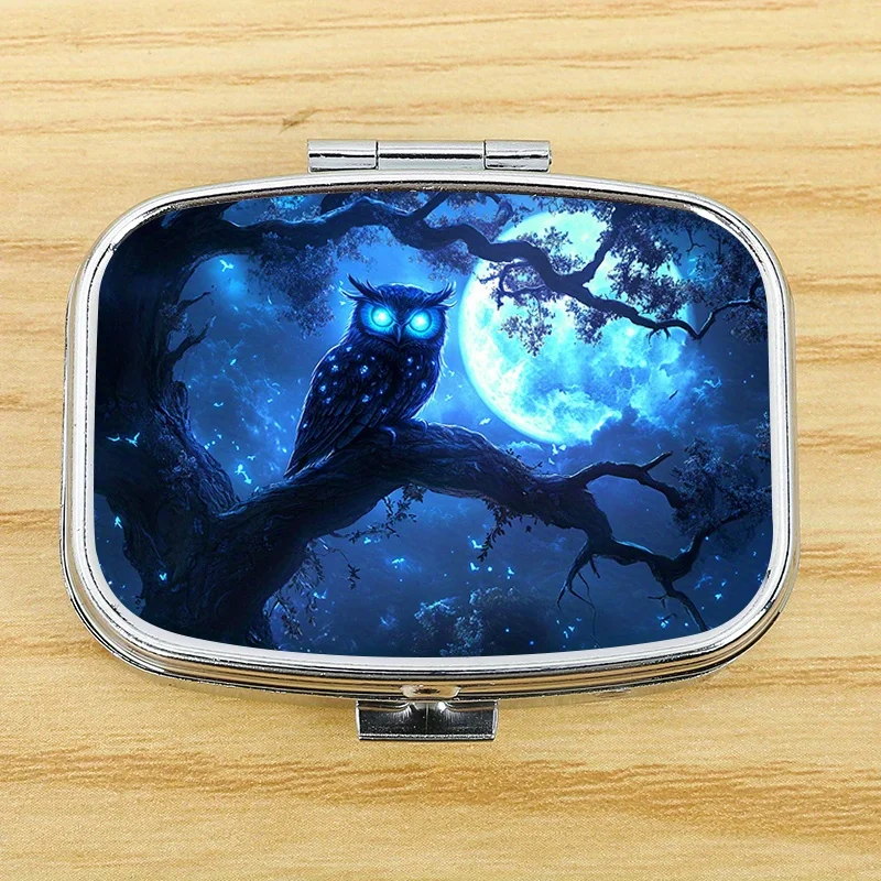 Owl 223 Stylish Patterned Square Metal Medicine Container with Two Compartments, Compact Portable Pill Box Suitable for Outdoor Exercise or as a Pill Organizer in Your Bag, the Printed Design May Vary