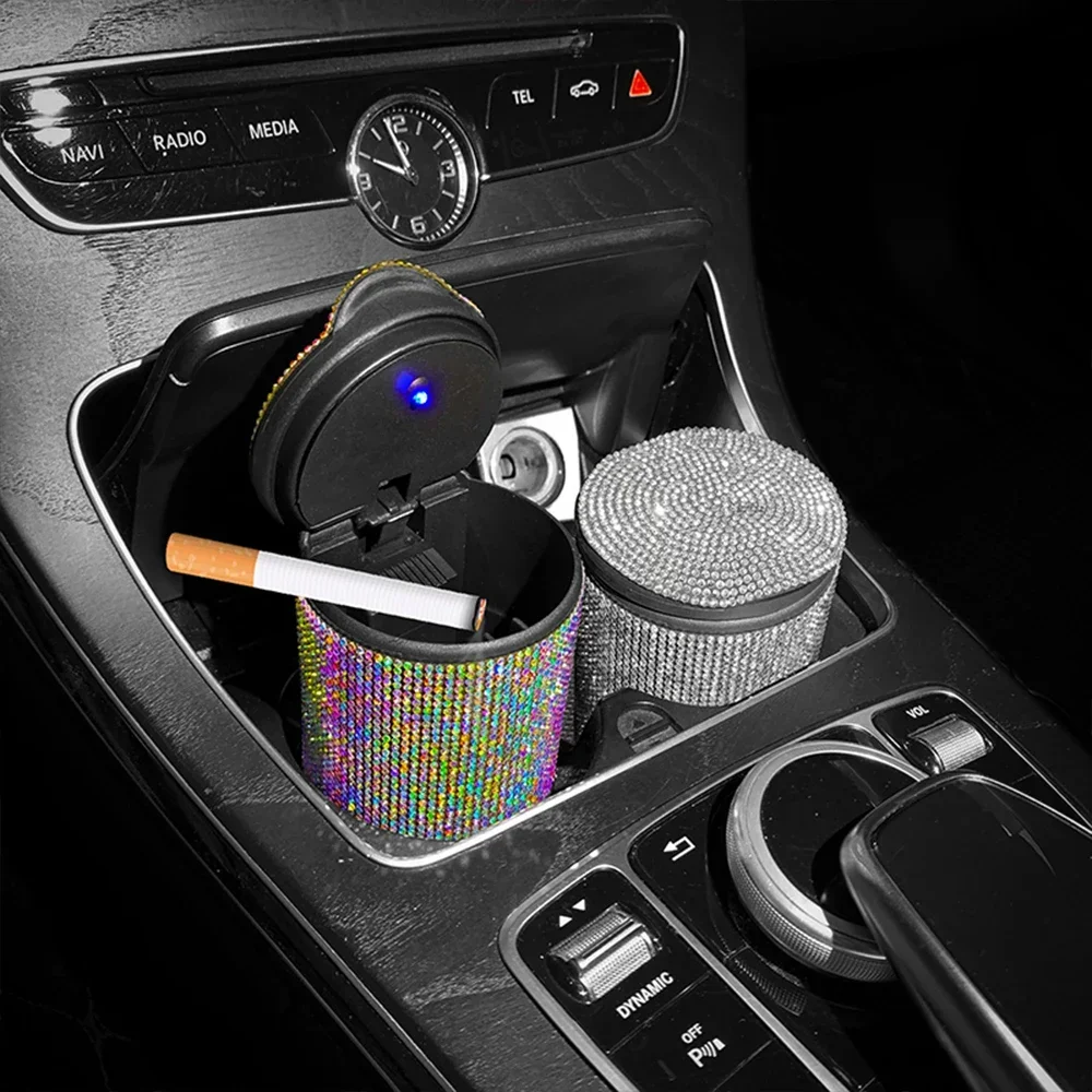 Luxury Crystal Car Ashtray with Led Light Diamond Portable Ash Tray with Cover Auto Decoration Bling Car Accessories for Women