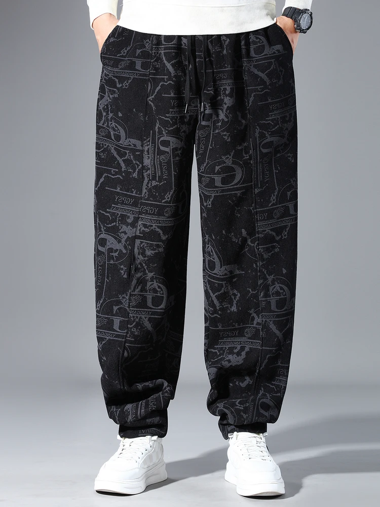 

Thiened Fce Lined Loose Fit Men's Casual Pants Elastic Cuffed Trousers plus Size for Big Butts And Thi Legs Warm Winte...