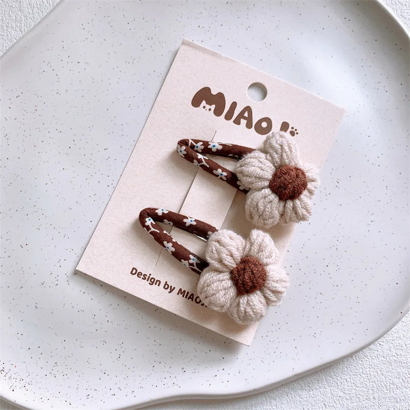 1Set Autumn Winter Bow Hair Clips 2024 New Knitted Flower Hairpins For Girls Coffee Color BB Clips Baby Hairclip Hair Accessorie