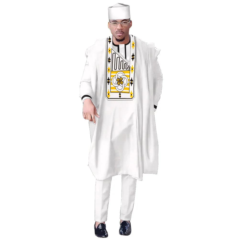 African Bazin Riche Outfits Ankara Dashiki Men Agbada Traditional Boubou Shirt Pants with Hat 4 PCS Set Wedding Party Clothes