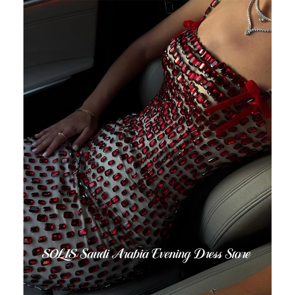 

SOLIS Red Beaded Evening Dress Square Neck Party Dress Spaghetti Strap Mermaid vestidos de fiesta with Ruby Prom Gown Customized