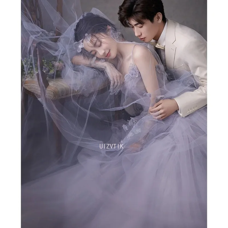 Puple Einfache Korea Lange Brautkleider Frauen Sexy Spaghetti-trägern Applique Fotos Schießen Brautkleid Elegantes A-Linie Prom Kleid