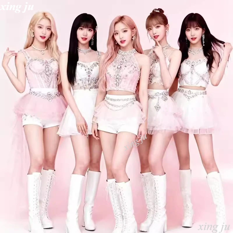 

Xing Ju Korean Singer Jazz Dance Costume Women Group Kpop Luxury Diamond Outfits Sexy Halter Tops Tutu Skirt Stage Rave Clothes