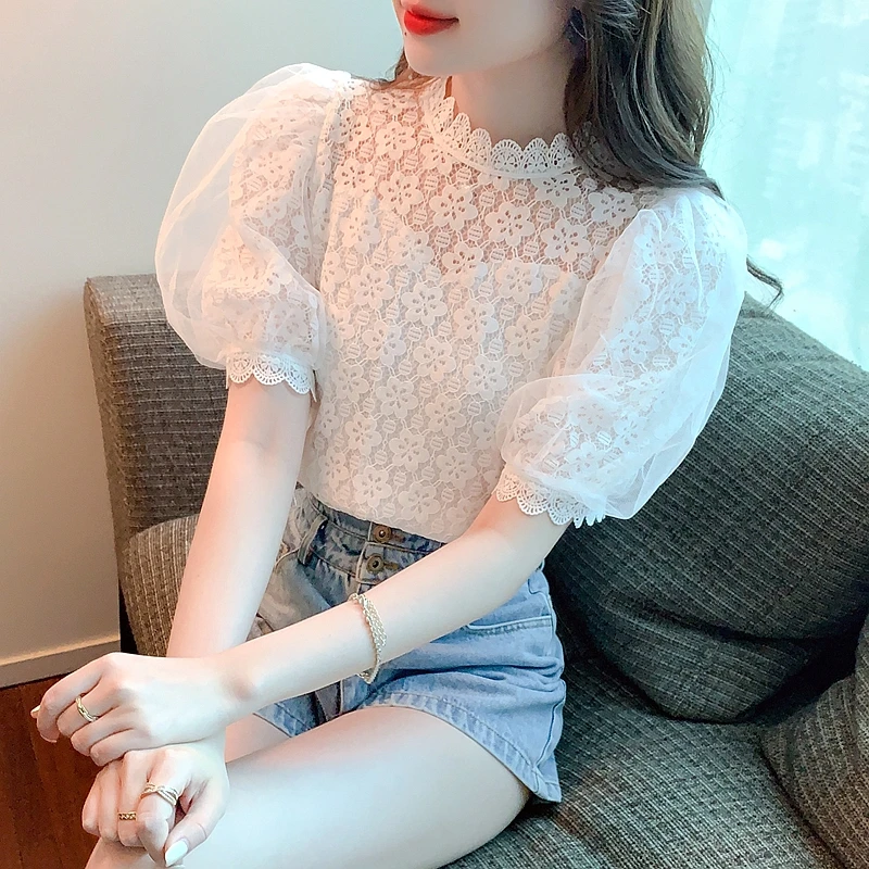 Women Clothing Korean Fashion Sexy Lace Hollow Sweet Chic Elegant Blouse 2024 Summer Female Casual Solid Short Sleeve Slim Tops