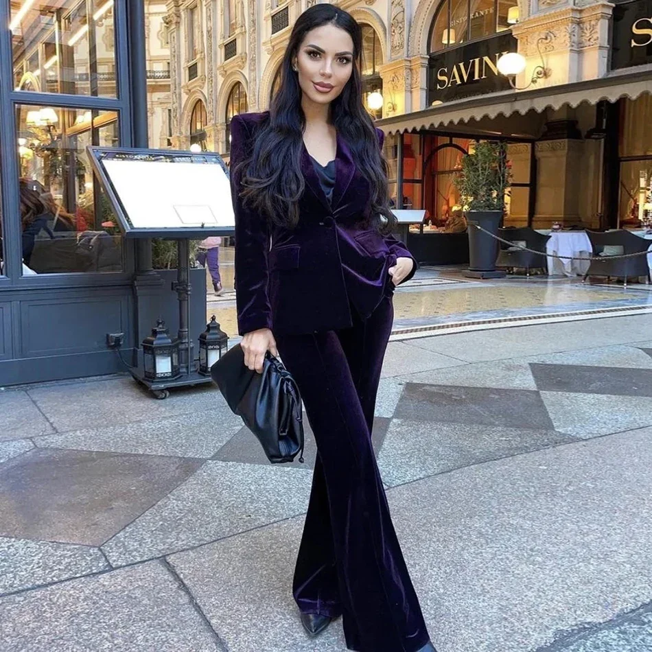 

2024 High Quality Fashion Velvet Slim Women's Set Sexy Lapel Single Button Blazer High Waist Flared Pants Two Piece Set