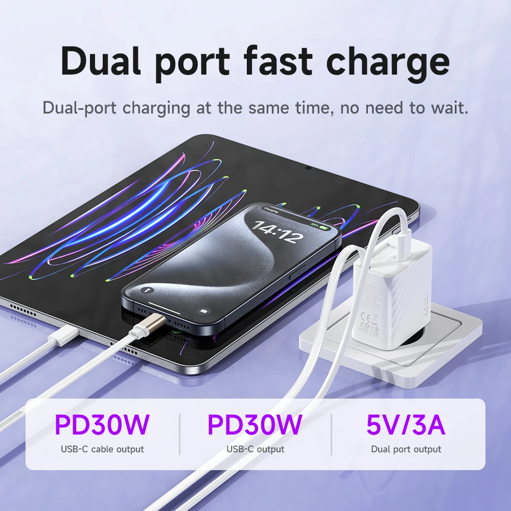 HOCO N58 30W PD Charger Quick Charge QC3.0 USB Type C Charger For iPhone 16 15 Pro max Huawei With retractable Cable Charger