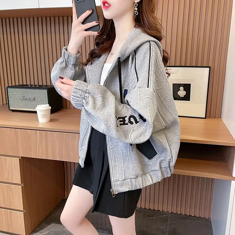 Female Top Grey with Zipper Spring and Autumn Hoodies Loose Embroidered Cropped Baggy Women\'s Hooded Full Zip Up Sweatshirts Xxl