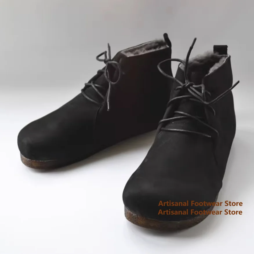 

High Top Snow Boots Round Toe Lace Up Men's Boots Genuine Leather Snow Boots Winter Trendy Handmade Men's Cotton Snow Boots