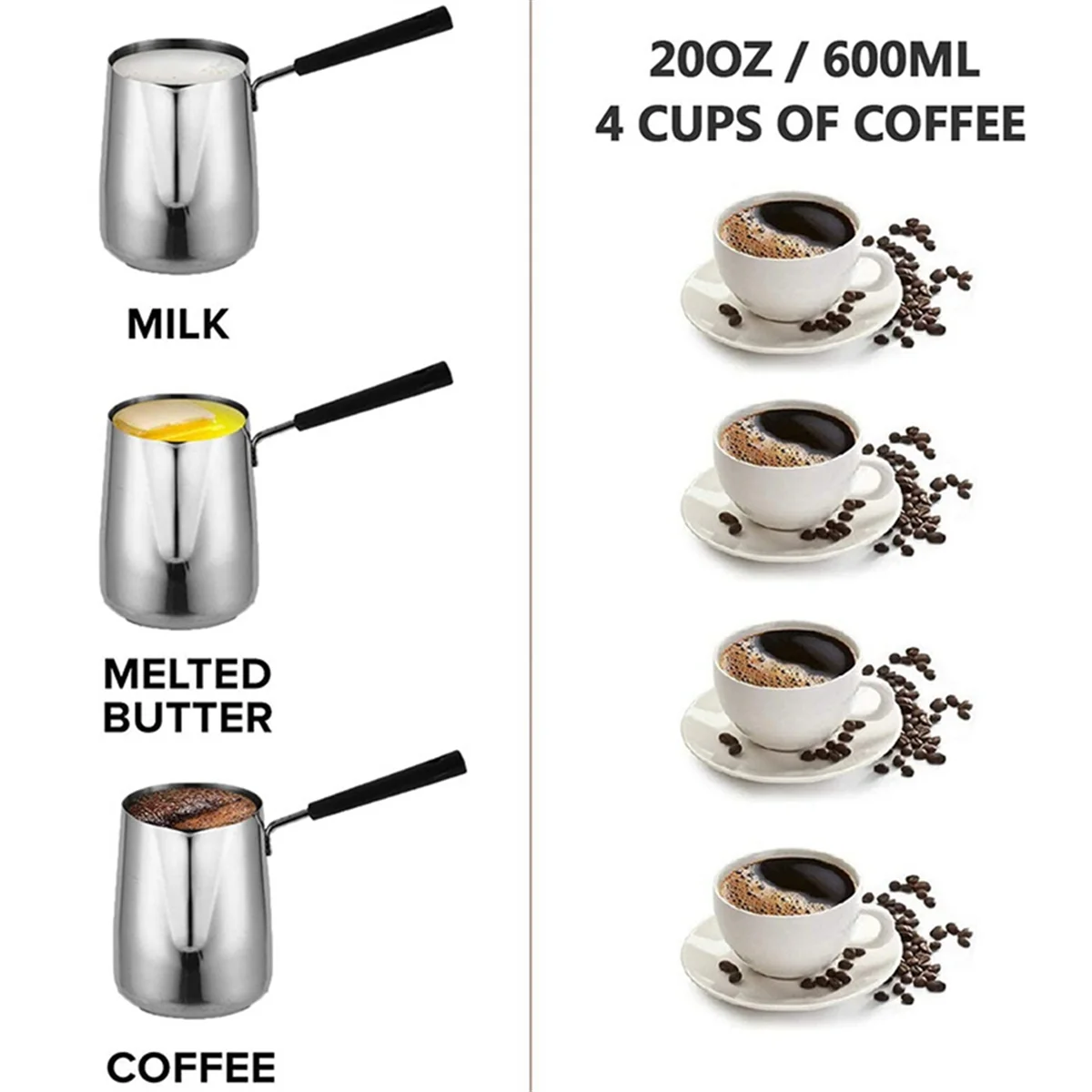 Stainless Steel Butter and Coffee Warmer,Turkish Coffee Pot,Mini Butter Melting Pot and Milk Pot with Spout -(600Ml)