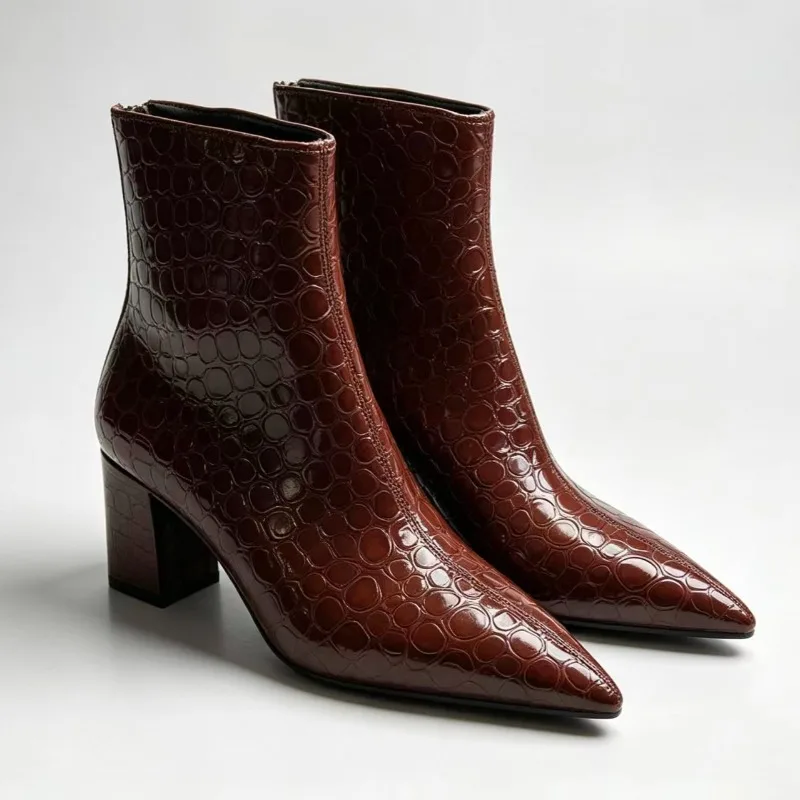 2026 Fashion Crocodile Pattern Daily High Heel Women's Ankle Boots New Retro Pointed Toe Thick Heel Comfortable Women Boots