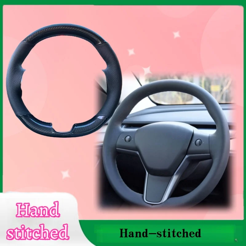 

Customized Hand-stitched Carbon Fiber Genuine Leather Steering Wheel Cover For Tesla Model 3 2015-2021 Model Y 2019-2021