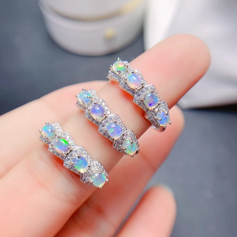 Cincin Opal Australia Alami, Sederhana dan Indah untuk Wanita, Warna Api Perak Murni 925 Kuat