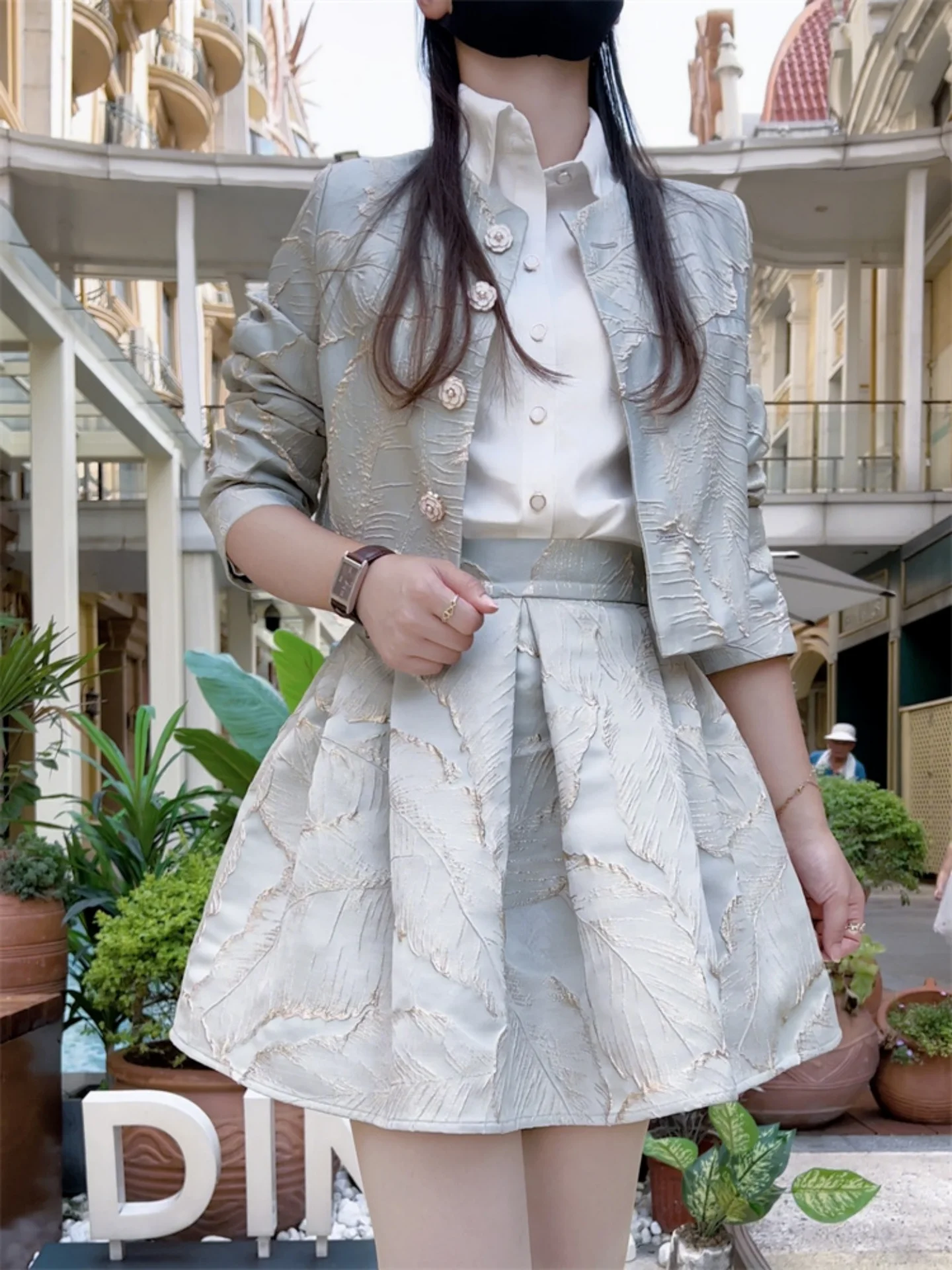 Elegant Lady Spring Autumn Women Two-piece Set Single-breasted Round Neck Crop Cardigans Coat High Waist Jacquard A-line Skirt