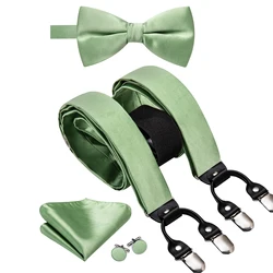 Hi-Tie Sage Green Solid Silk Men Suspender Bowtie Hanky Cufflink Adjustable Clip On Brace for Male Wedding Business Wholesale