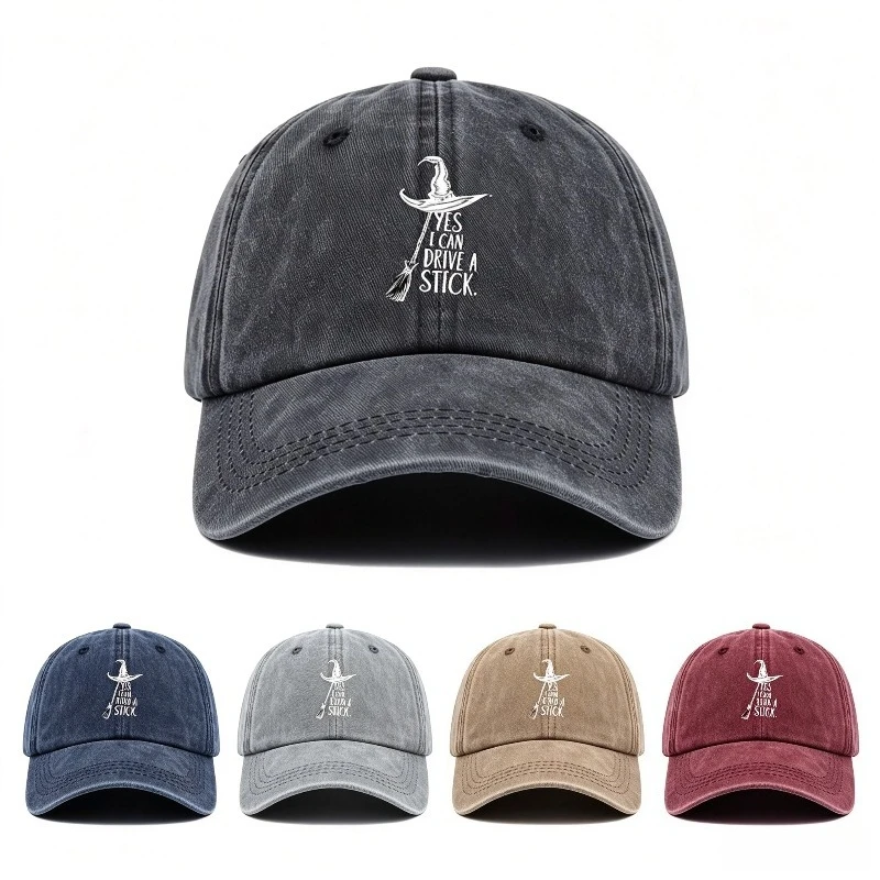 Vintage Washed Baseball Cap Witch Hat Broom Yes I Can Drive A Stick Embroidery Adjustable Dad Hat Unisex Halloween Casual Hat