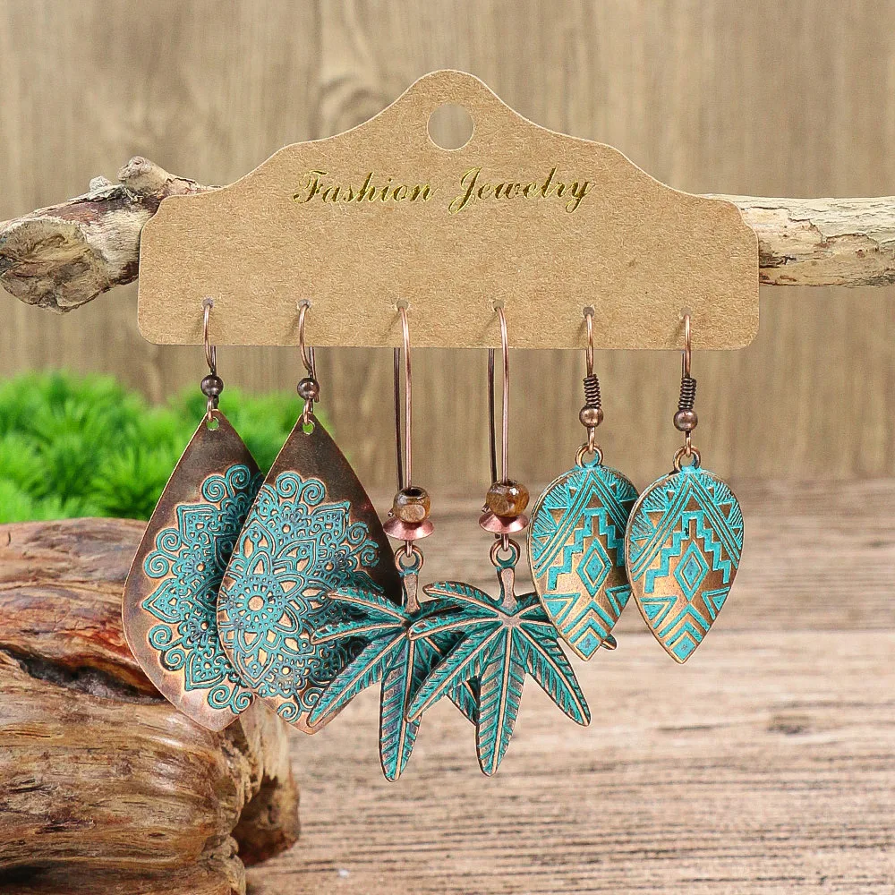 Vintage Bronze Big Tassel Drop Earrings Set Women Ethnic Blue Stone Feather Flower Geometric Earrings Jewelry 2023 Accessories