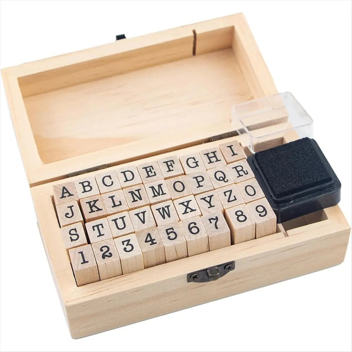 COFA 36 Pcs Small Wooden Rubber Stamps, Wooden Box Multipurpose Number Alphabet Letter Wood Rubber Stamp for Card Making