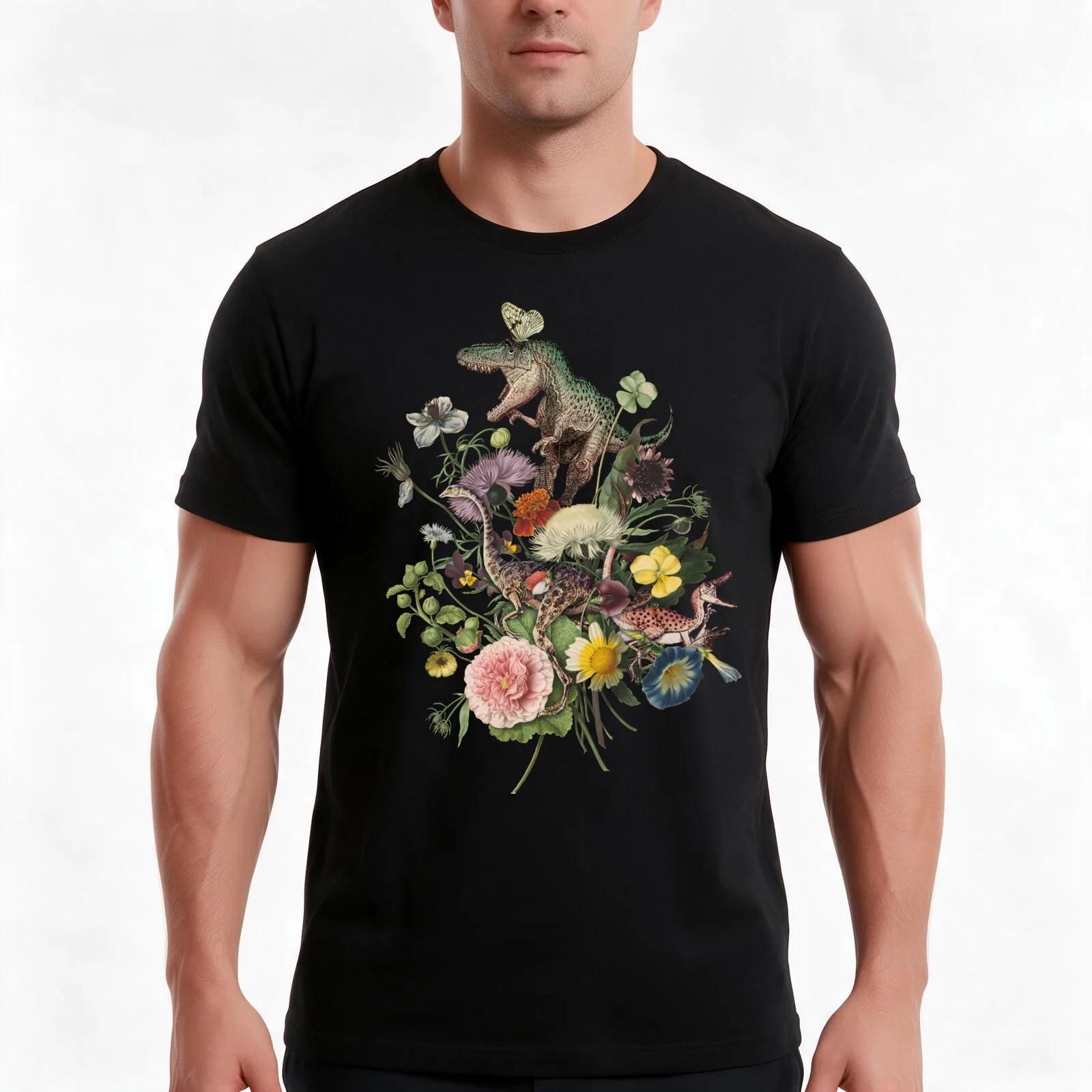 Cottagecore DINO-MITE Dinosaur Botanical Bouquet- black background T-Shirt, Summer Casual Cotton Tee, Oversized Streetwear Tops