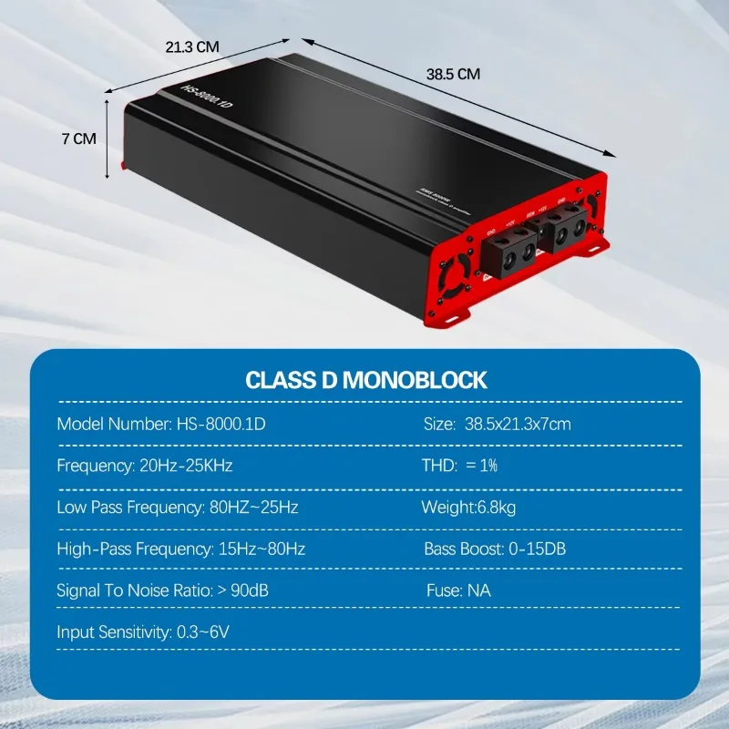 8000W 1-Channel Class D Monolithic Automotive Amplifier for Competition Automotive Audio Systems 90dB, Crossover ZM-HS-8000.1D