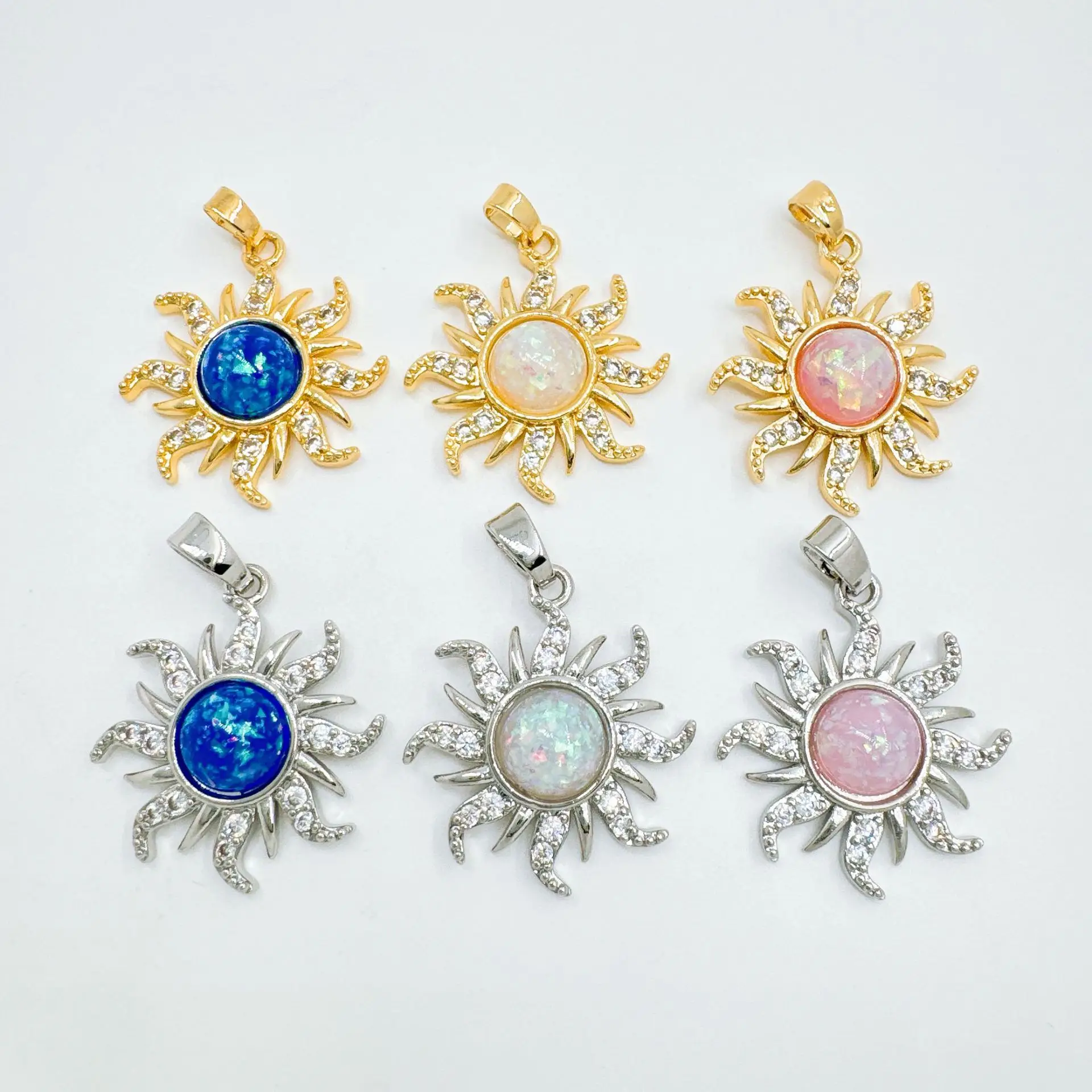 Opal Zircon Sun Charms Gold Silver Plated Inlaid Crystal Pendant DIY Bracelet Necklace Boho Handmade Jewelry‑Making Accessories