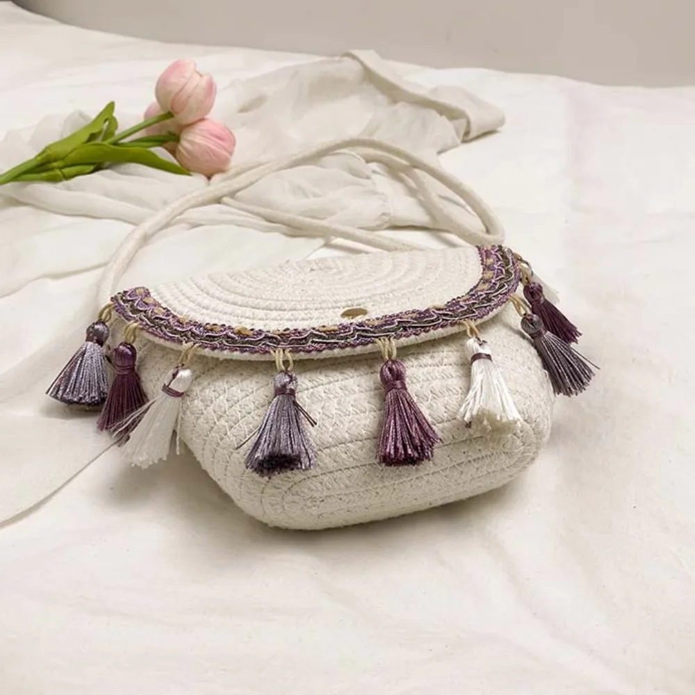 

Magnetic Button Straw Tassel Crossbody Bag Embroidery Breathable Ethnic Style Woven Bag Lightweight Large Capacity