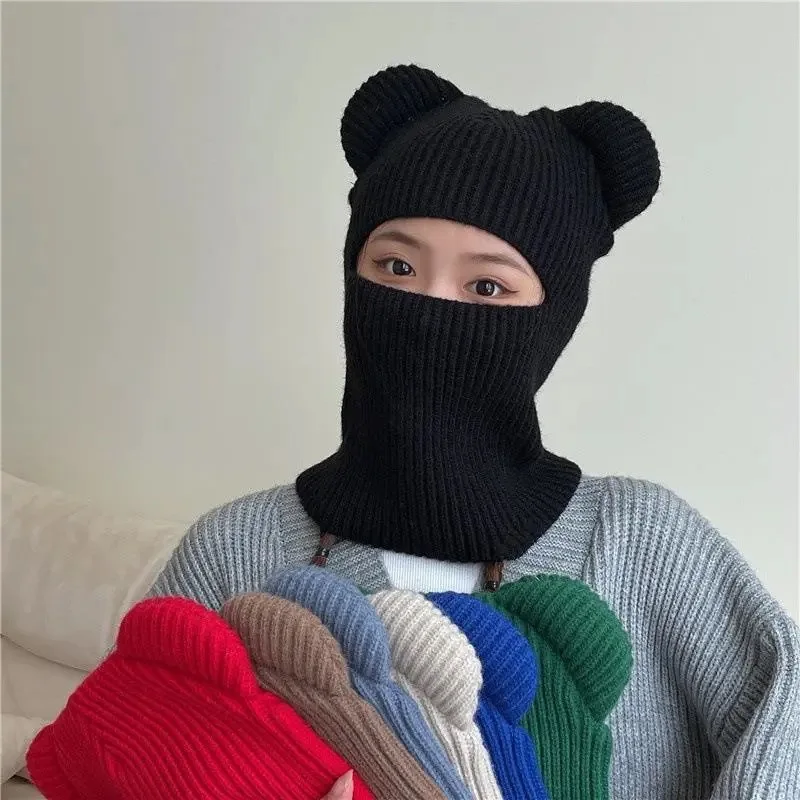 New Wome's Cute Full Face Cover Ski Mask Hat with Bear Ear Balaclava Knitted Hats Windproof Skullies Beanies Bonnet Winter Warm