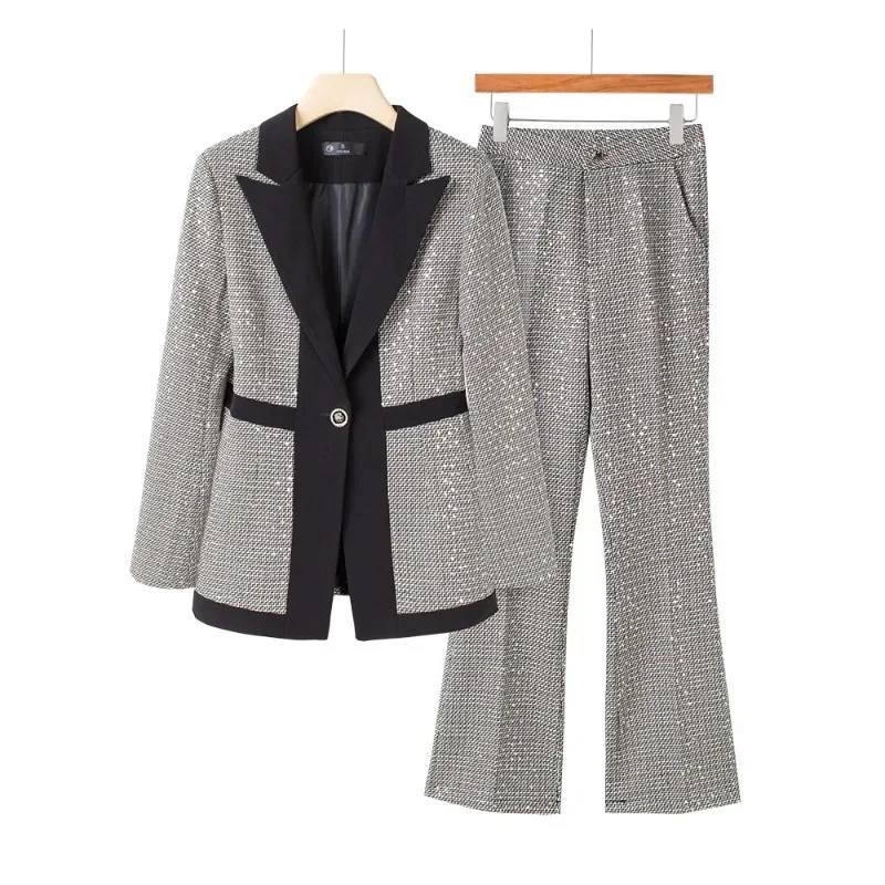 Blazer e calças xadrez para mulheres, conjunto de duas peças, calça formal, laranja e preto, roupa de escritório, negócios e trabalho, moda feminina