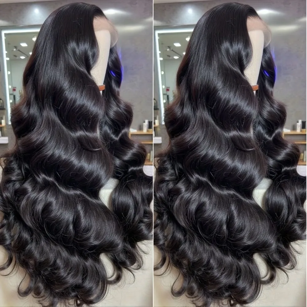 Peluca de Cabello Humano Remy Brasileño con Frente de Encaje, Densidad 180, Encaje 13x4 Pre-Desplumado, 13x6, Color Negro Natural, Ondulado, Textura Ondulada, Peluca Completa