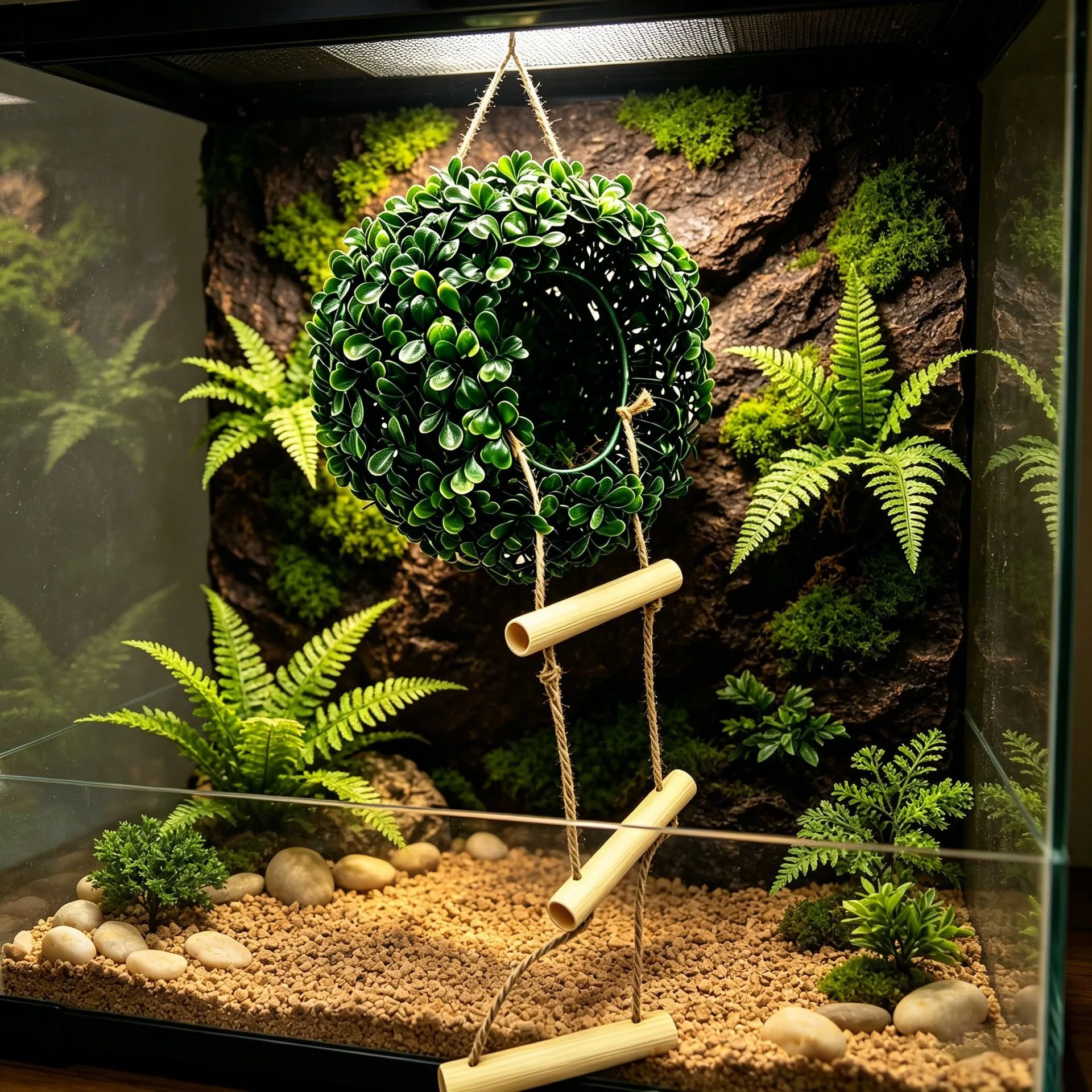 Hanging Artificial Grass Reptile Hideout With Rope Ladder Dual-use Climbing Basking Perch Terrarium Decor For Gecko Small Lizard
