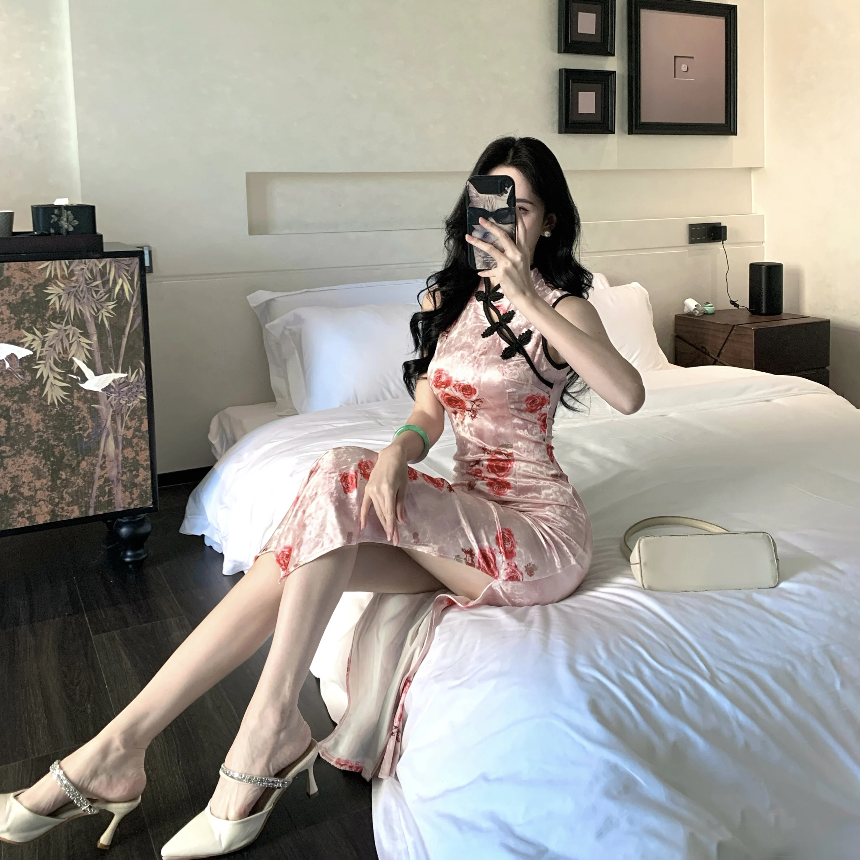 New Chinese Sle Velvet Print Svel Double Slit Bodycon Dr Long Evening Gown High Waist Flag Robe for Young Girls