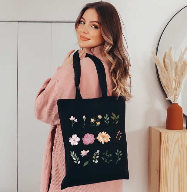  Lady Floral Canvas Tote Bag Botanical Reusable Shoulder Bag Shopping Travel Bags 