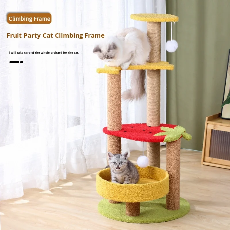 

Fruit Cat Tree Large Cat Bed Pet Scratcher Integrated Cat Climbing Frame Durable Comfortable Plush Wood Sisal 4-Level