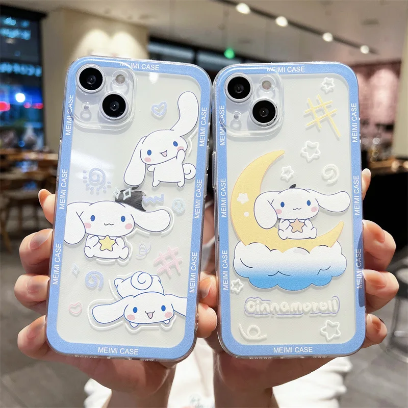 Cinnamoroll sanrio lua filhote de cachorro anime claro caso de telefone para iphone 16 15 14 13 12 11 pro max xr x 16 plus caso bonito dos desenhos animados capa