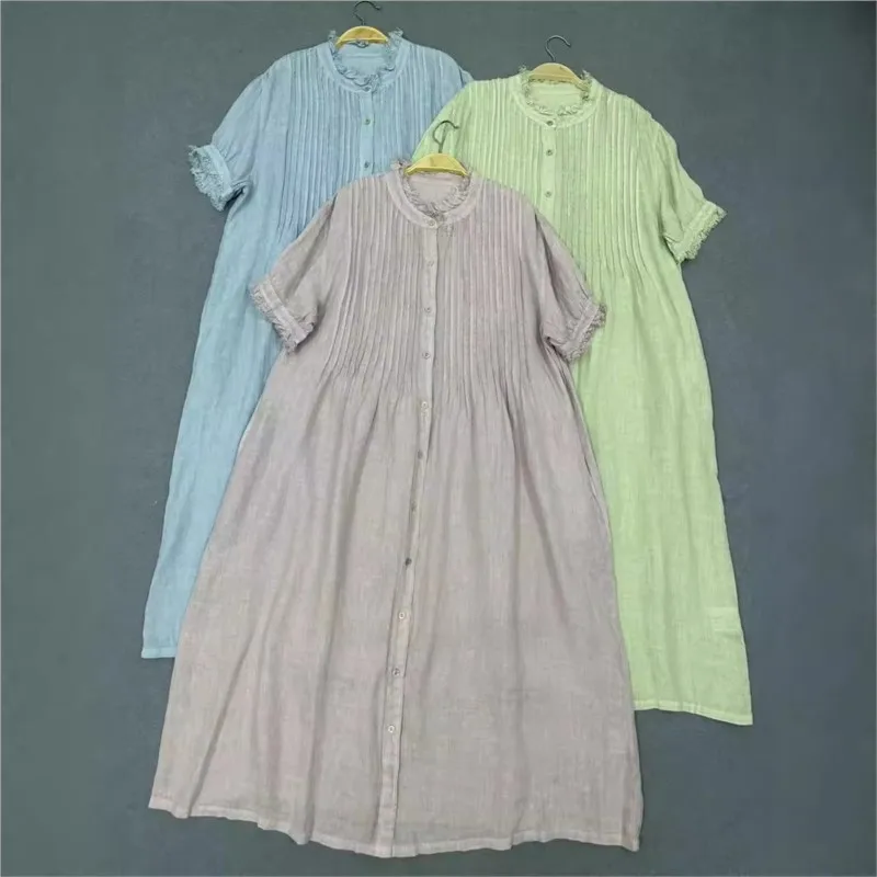 

Johnature 2024 New Japanese Mori Women Pleated Dress Summer New Loose Thin Pure Linen Raw Edge Short-sleeved Dresses