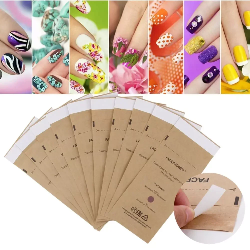 50Pcs Self-Sealing Nail Disinfection Bag Disposable Manicure Pouch Autoclave Kraft Paper Cleaning Bags for Dentist Tools