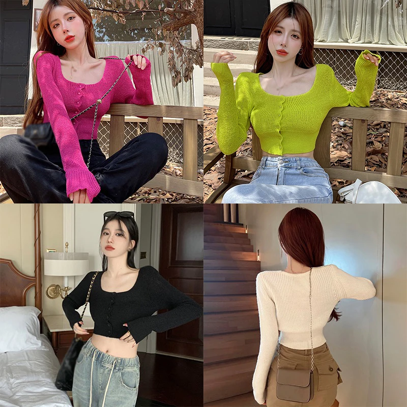 Korean Sweater Long Sleeve Short Top Ice Silk Cardigan Air Conditioning Shirt Solid Color Square Neck Knitted