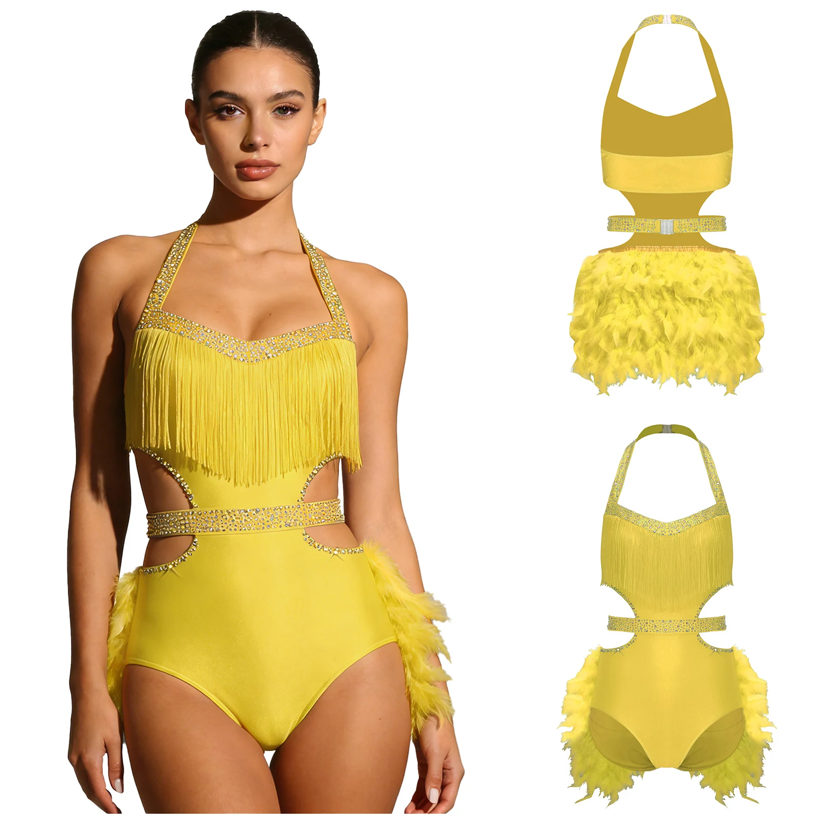 

Women Leotard Jazz Dance Rhinestones Leotards with Feather Skirt Dresses for Modern Lyrical Contemporary Performance Costumes