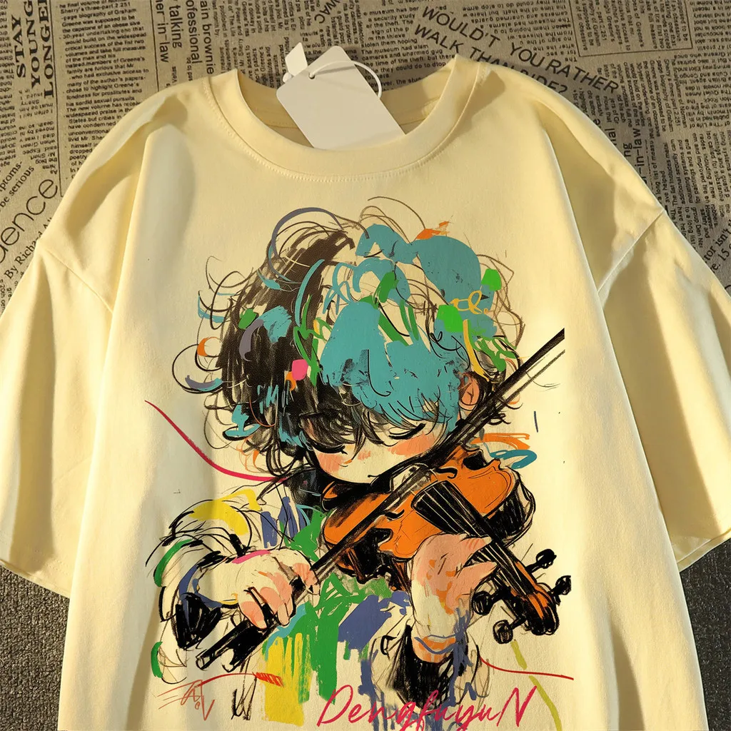 Camiseta de manga corta con estampado de violín de dibujos animados de verano, camiseta holgada sencilla de moda para hombres y mujeres