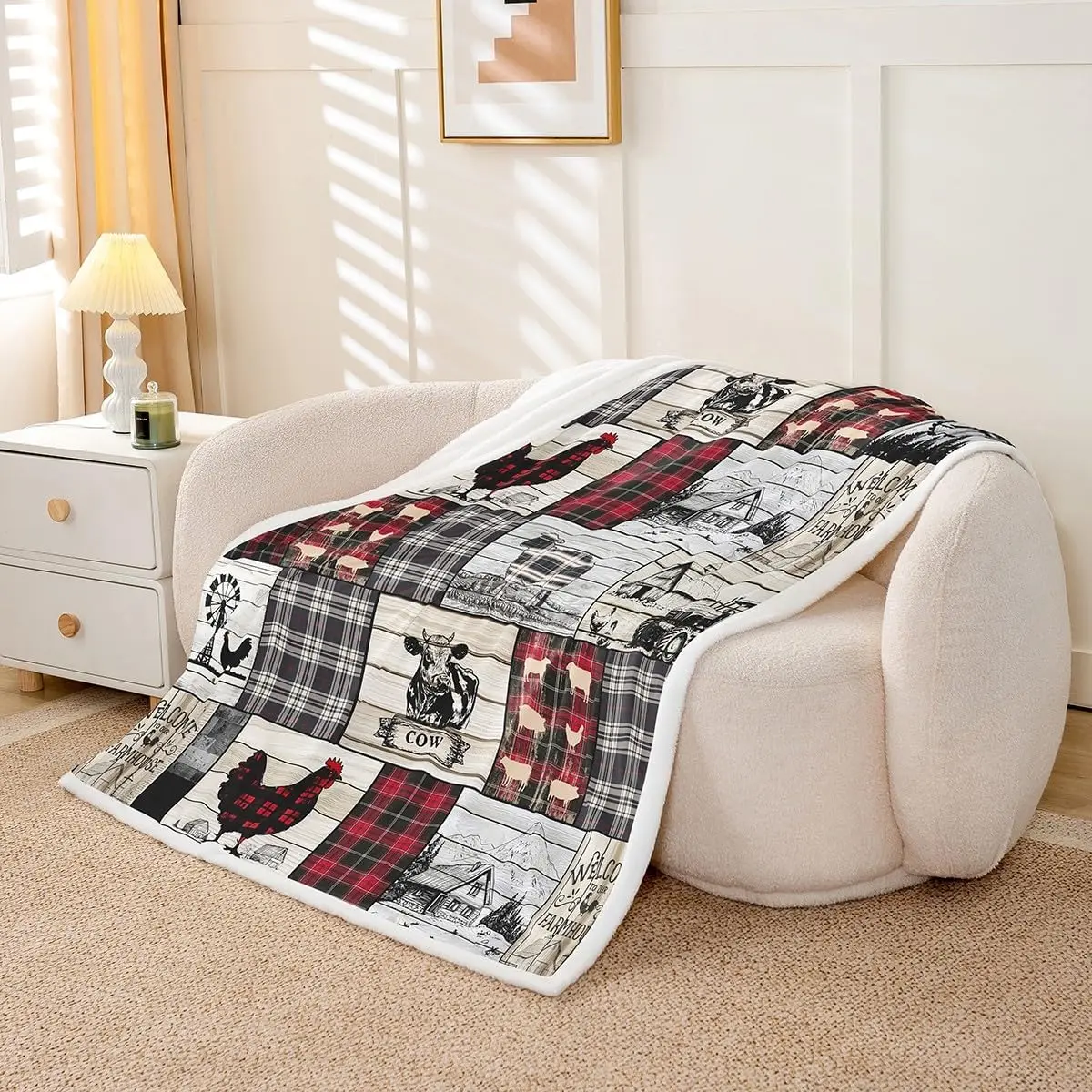 Farmhouse Plaid Blanket Cow Chicken Tractor Rustic Decor Cozy Throw Cover Farm Life Pattern Home Textile