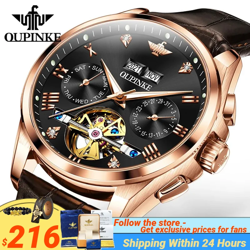 OUPINKE Leather Strap Mechanical Men\'s Watches Hollow Tourbillon Design Waterproof Original TOP Brand Wristwatch Man Dress