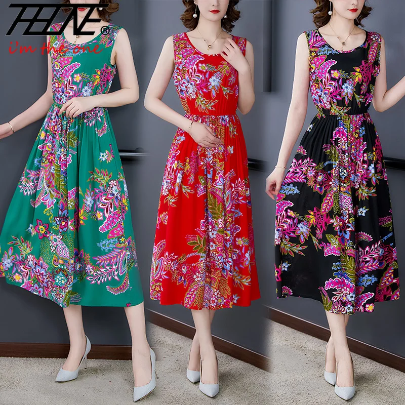 Robe Vestidos Sommer Tank Kleid für Frauen ärmellose verstellbare Taille Maxi lange Urlaub Vintage Print lässige böhmische Kleider