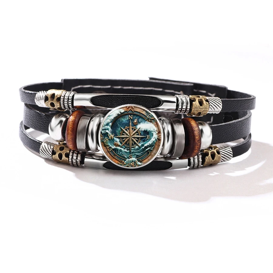 Vintage Marine Compass Glass Cabochon Leather Bracelet,  Timeless Nautical Personality Casual Wear Bracelet