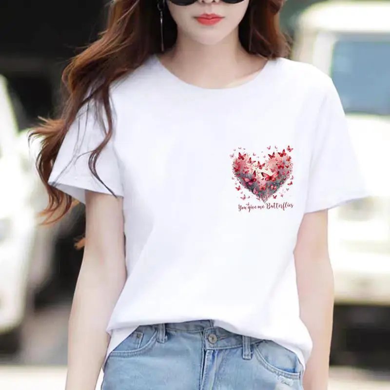 

Футболка с принтом «Мать и дочь» из модальной ткани с узором «Милые бабочки и цветы», повседневная, с коротким рукавом, из мягкой полиэфирной ткани – летняя